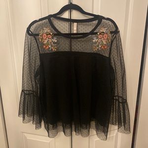 Black sheer top with polka dot pattern and embroidered detail